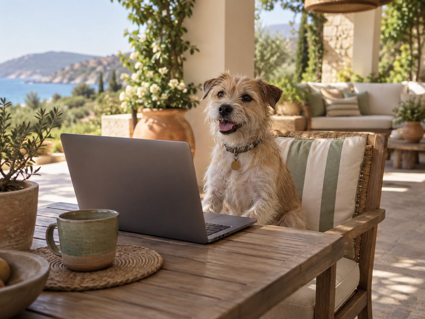 A terrier at a laptop on a shaded resort veranda