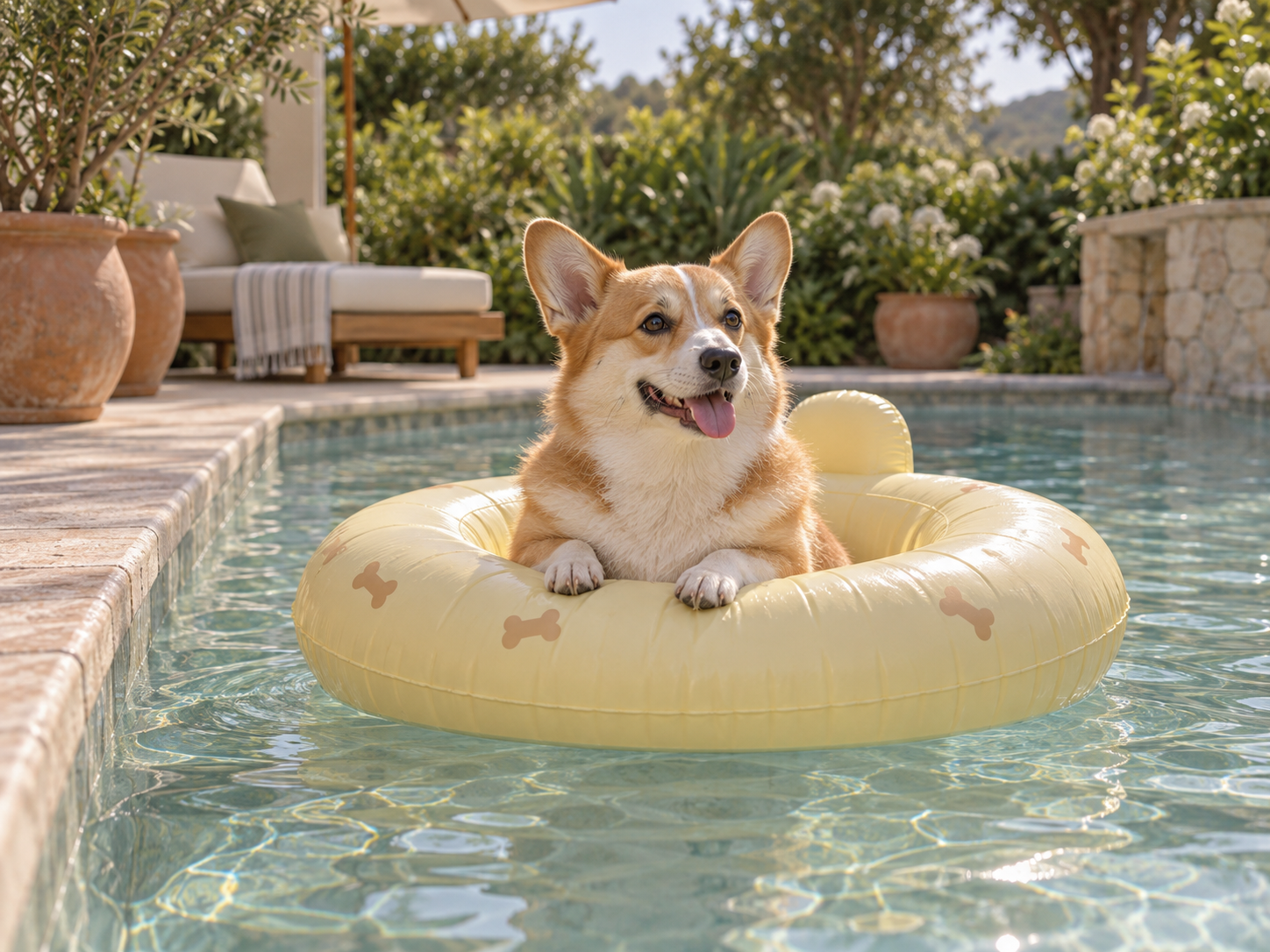 A corgi relaxing in a yellow float on a calm swimming pool
