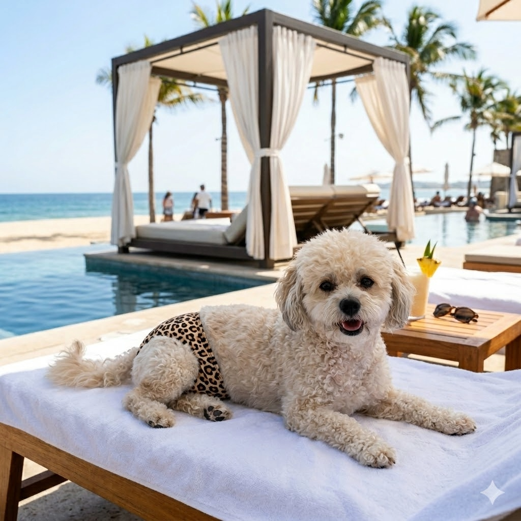 A white doodle in a leopard-print swimsuit on a pool lounger, with a drink, sunglasses and a cabana behind her