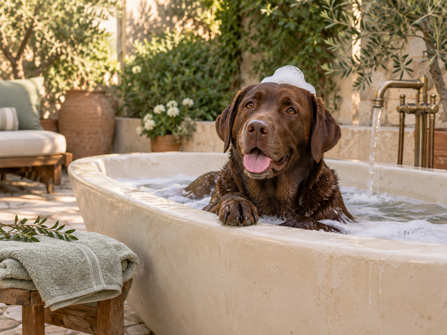 A chocolate labrador relaxing in an outdoor spa bath